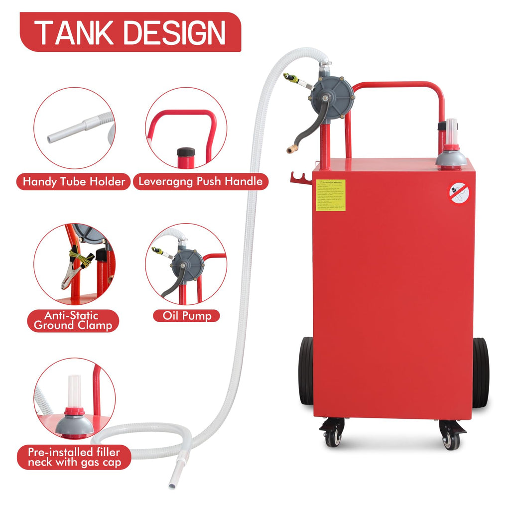 Garvee 45 Gallon Portable Gas Caddy Gasoline Diesel Can Hand Siphon Pump With Rolling Flat-Free Solid Rubber Wheels for Boat, Atv, Car, Motorcycle
