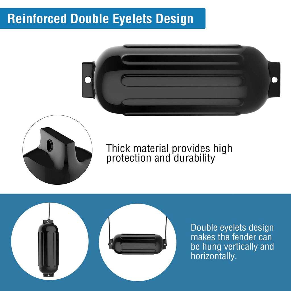 Garvee Boat Fenders 8.5 x 27 inches Pack of 4, Boat Bumpers for Docking with 4 Ropes, Inflatable Ribbed Marine Pontoon Boat Fender Bumper for Docks with 1 Storage Bag, 1 Air Pump and 4 Needles, Black