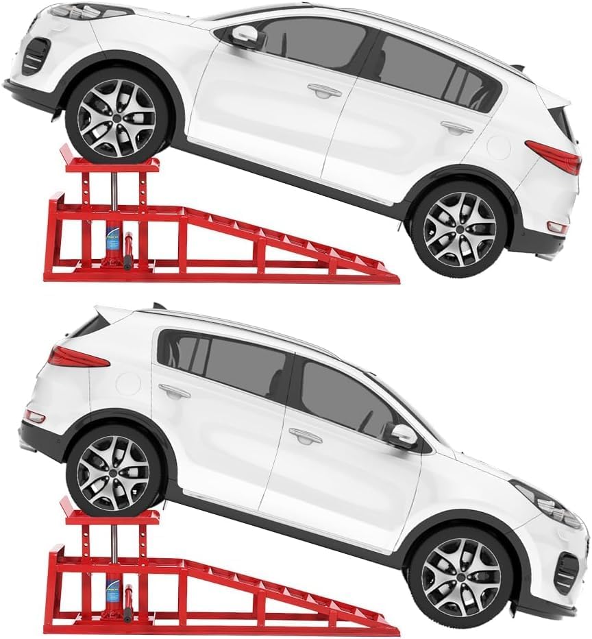 Garvee 2Pcs 5 Ton Hydraulic Car and Truck Service Ramps - 11023 lbs Capacity, Portable Lifts for Oil Changes with Adjustable Height from 9.8" to 15", Ideal for Home Garage and Vehicle Repairs, Red