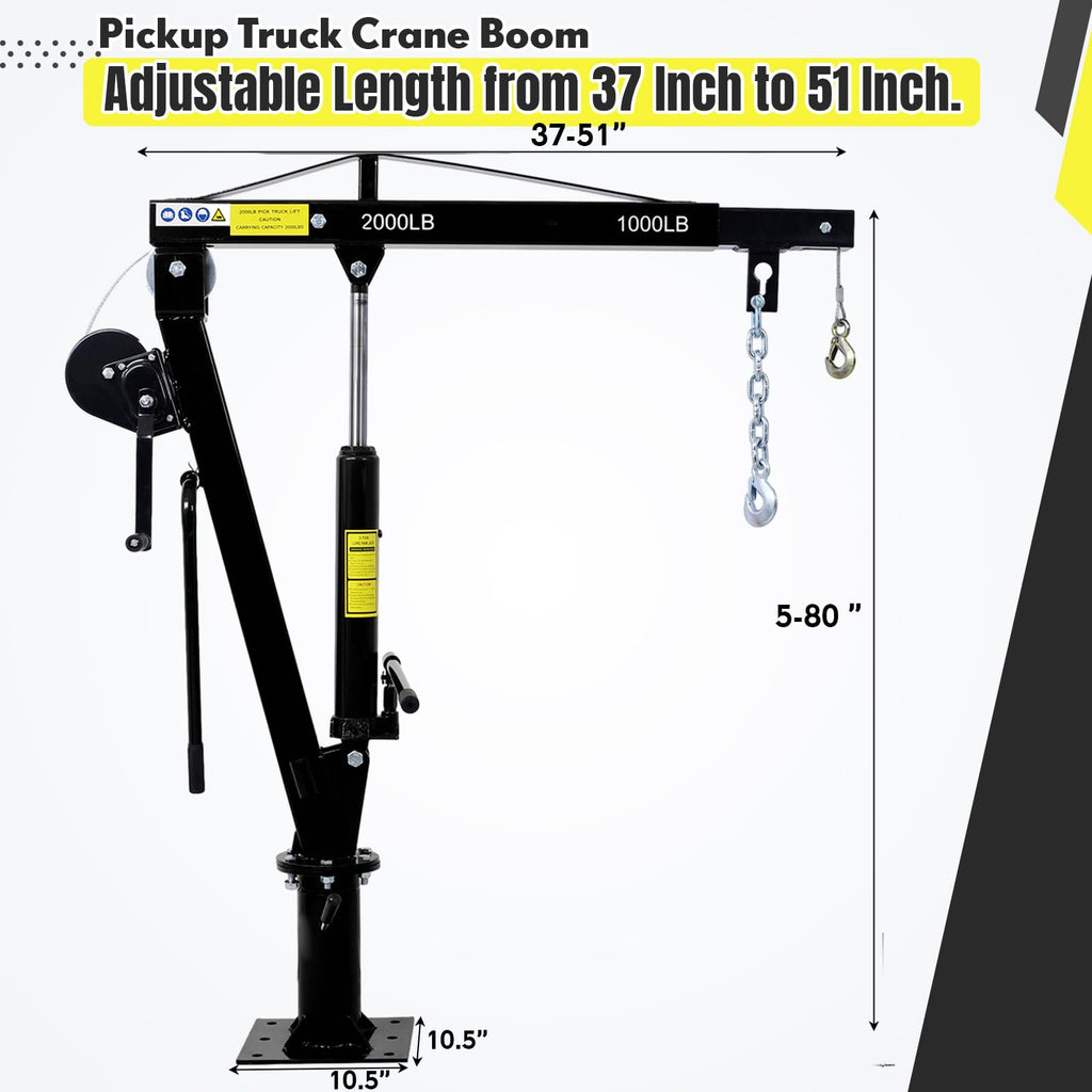 Garvee Pickup Truck Crane with Hand Winch, 2000 LBS Capacity, 360° Swivel Jib Engine Hoist, Folding Electric Winch, Black - Construction, Forestry, Factory Use