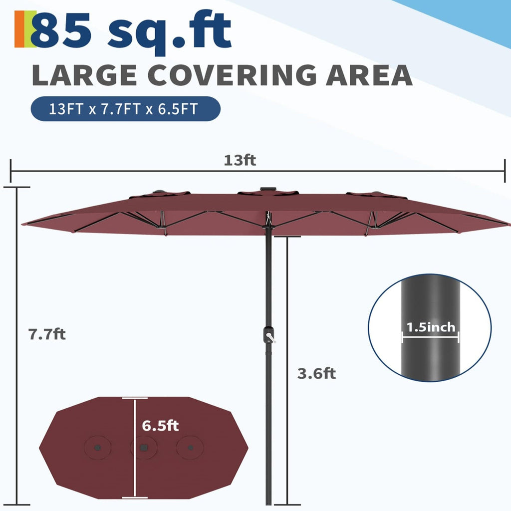 Garvee 13' Double-Sided Outdoor Patio Umbrella - Rectangle Market Umbrella with Crank Handle for Poolside, Backyard, Large Patio, Wine Red