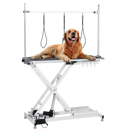 Garvee 47" Electric Dog Grooming Table, Pet Grooming Table for Dogs & Cats, Height Adjustable (9"-40") with Overhead Arm, Anti Slip Tabletop, 3 Grooming Noose, White