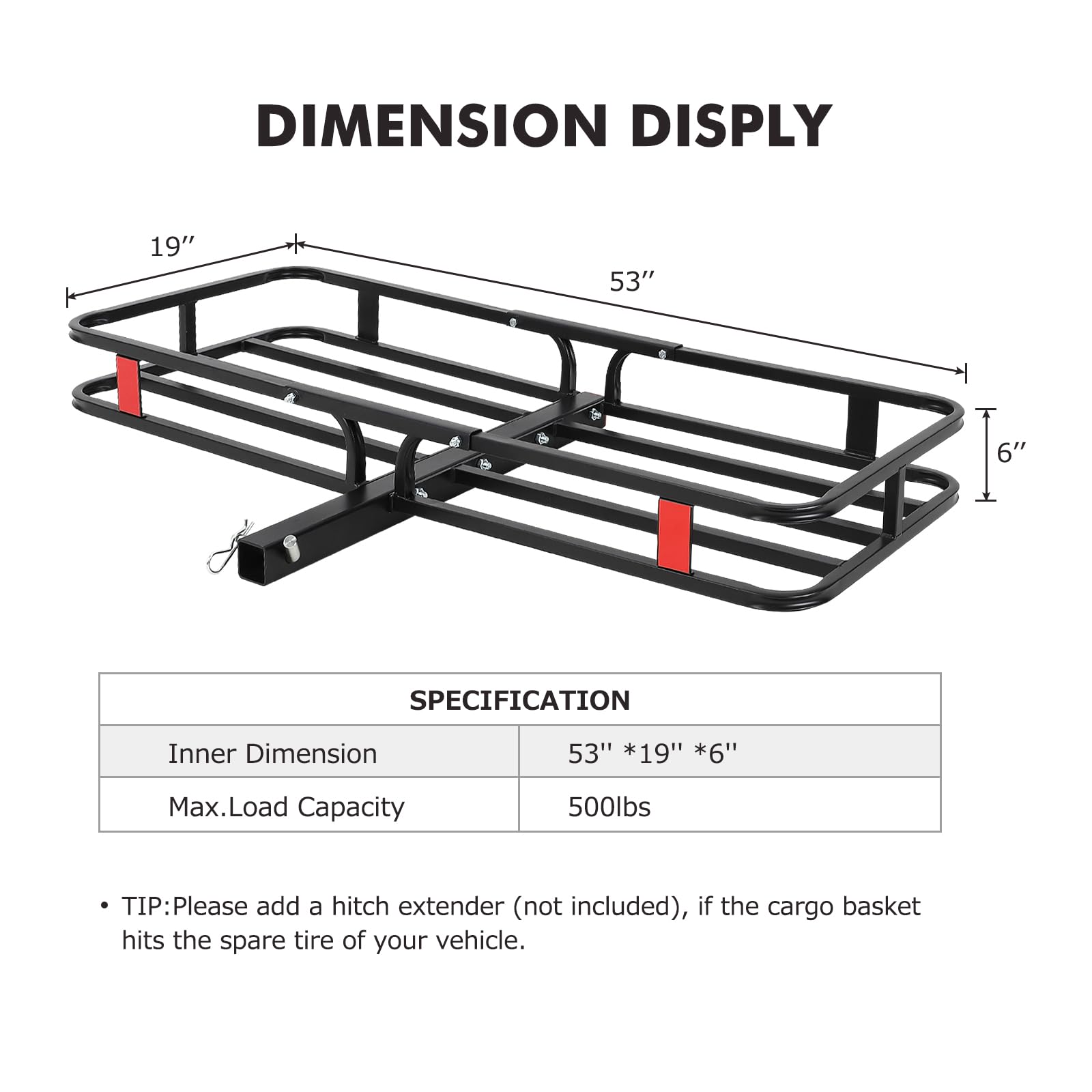 GARVEE 500 Lbs Hitch Mount Cargo Carrier Basket, 53" x 19" x 6" Rear Luggage Rack for 2" Receiver, Black Cargo Basket for Car Camping and Traveling