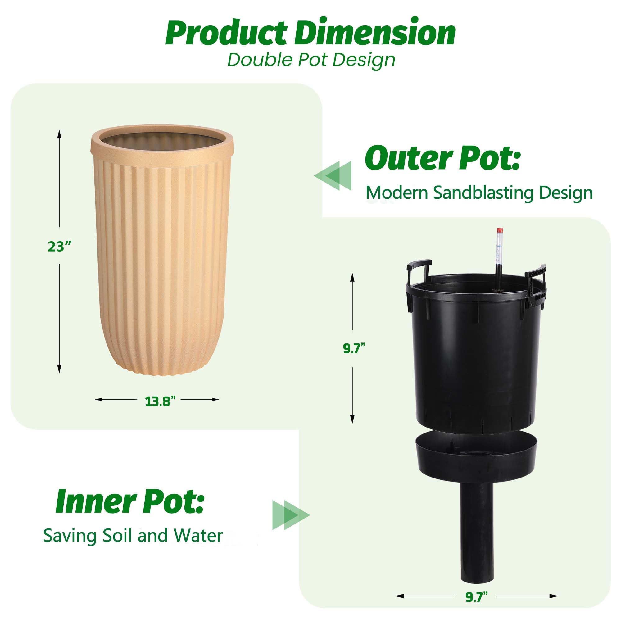 Garvee 23" Tall Self-Watering Planters Set of 2 with Water Level Monitor & Hidden Wheels - Ideal for Living Room, Office, Patio, Garden, Gold