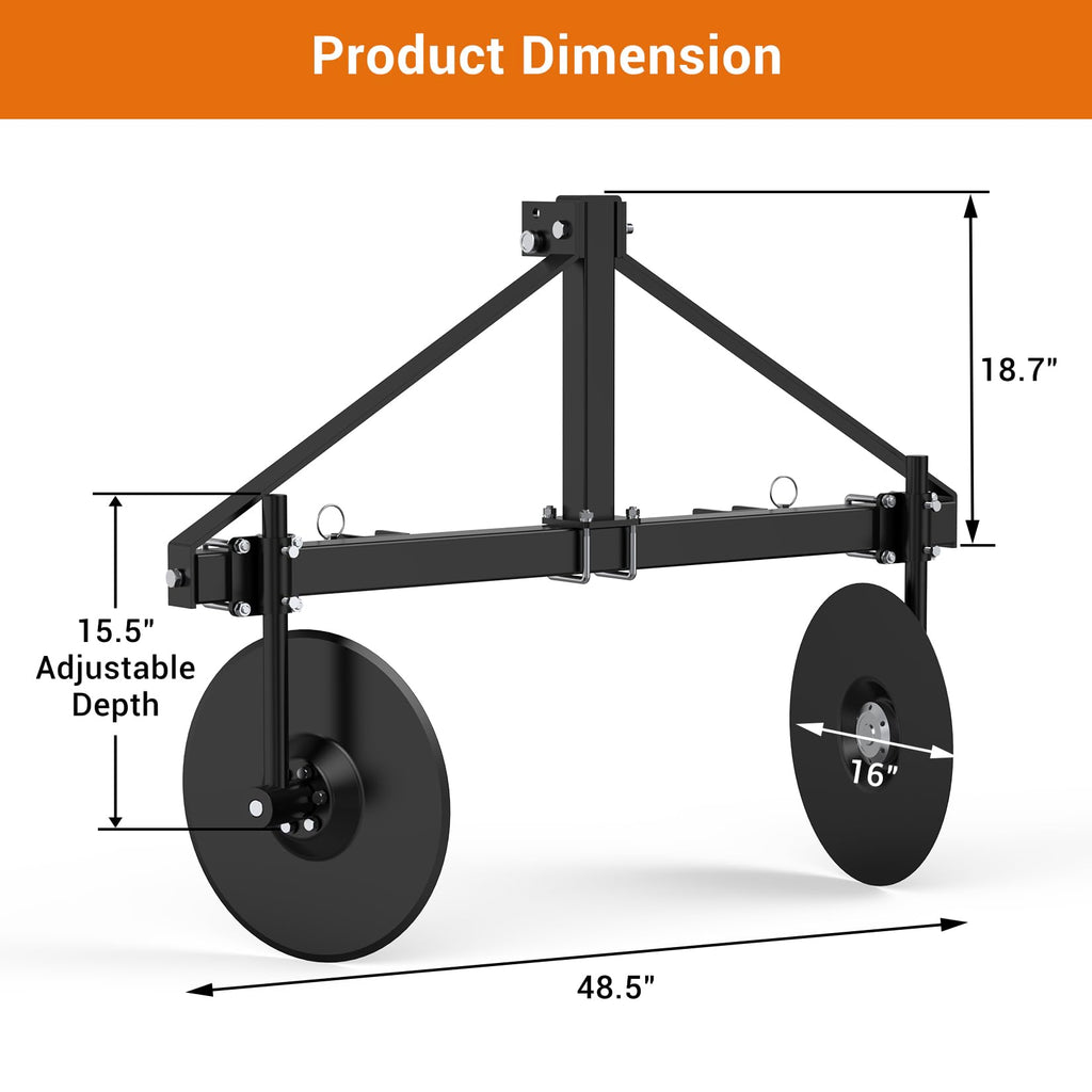 Garvee 48" Adjustable Disc Bedder, Heavy Duty Garden Disc Plow Compatible for Category 1, 3 Point Quick Hitch for Tractor , Cultivator Garden Bedder and Hiller Attachment, 16" Disc Blades, Black