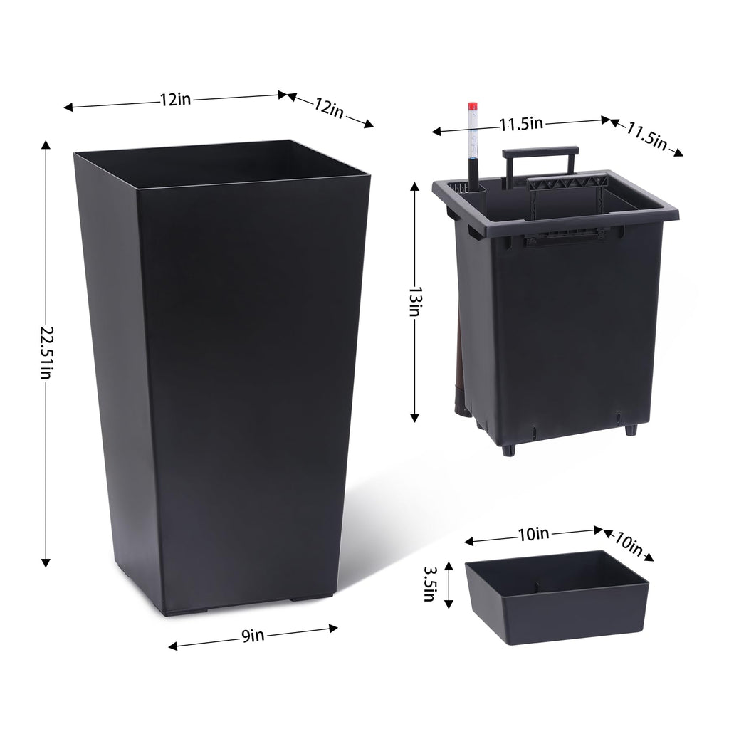 Garvee 23" Tall Planters Set of 2 - Modern Indoor/Outdoor Plant Pots with Drainage Holes, Water Level Monitor, Inner Bucket & Automatic Watering, Black