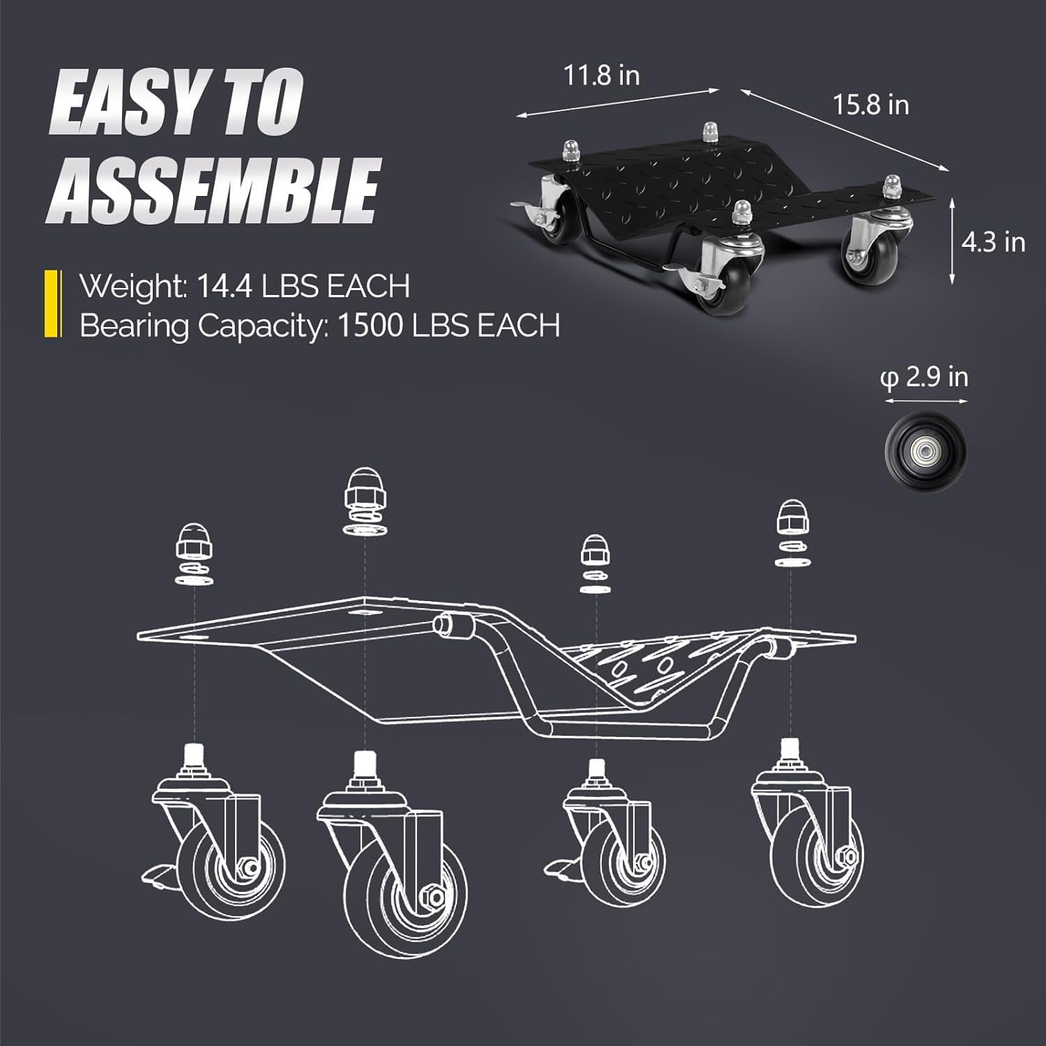 Garvee 4 Items 4 Tire Wheel Dolly Car, Premium Manganese Steel, 6000 Lbs Capacity, Heavy Duty, Antiskid & Recessed Design, 360° Rotatable Wheels, Black