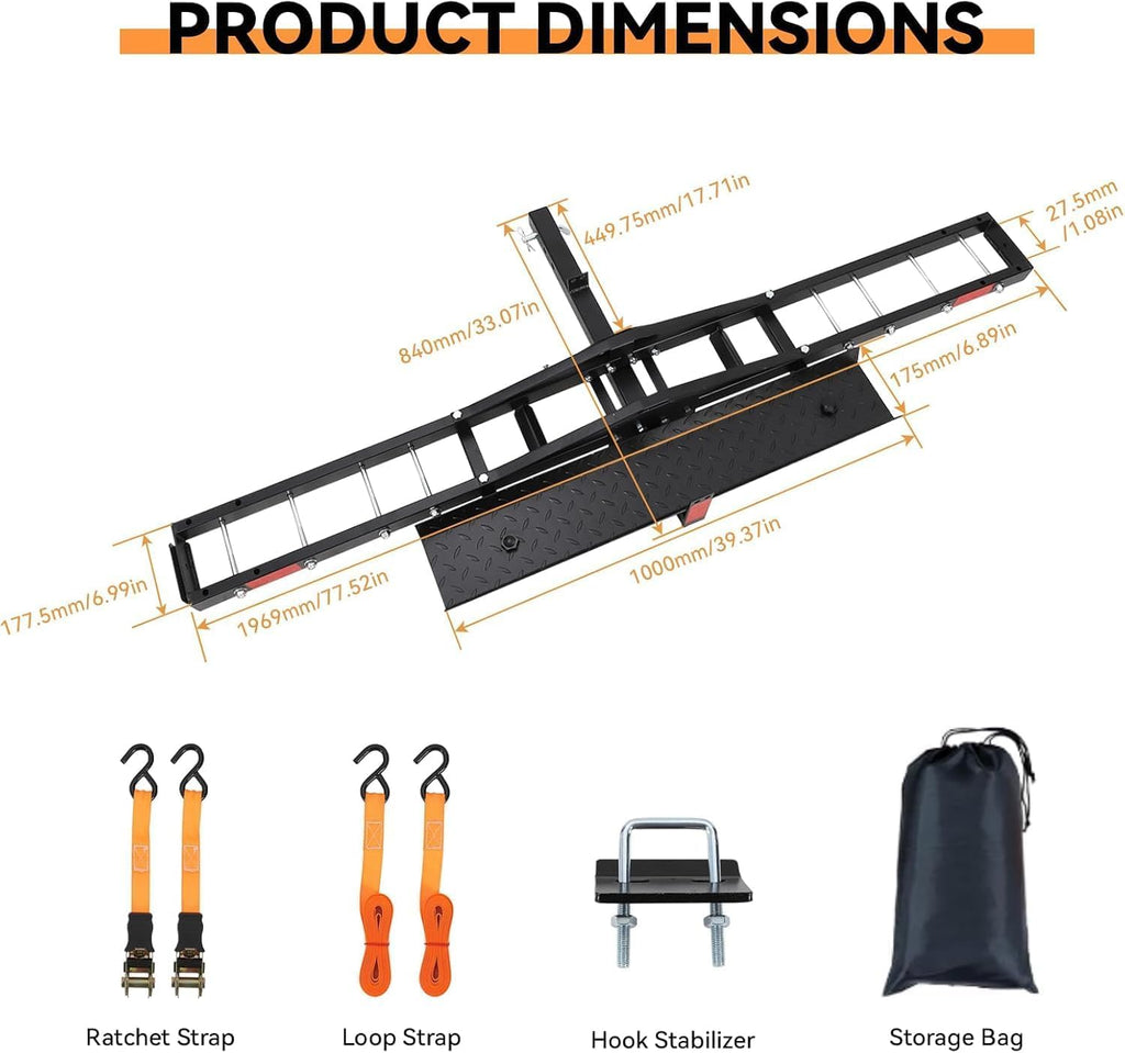 Garvee 600lbs Motorcycle Tow Hitch Dirt Bike Transport Rack for Motorcycles Bicycles and Scooters Iron Build with 4 Straps Secure Hauler Hitch Mount Rack with Ramp, Black