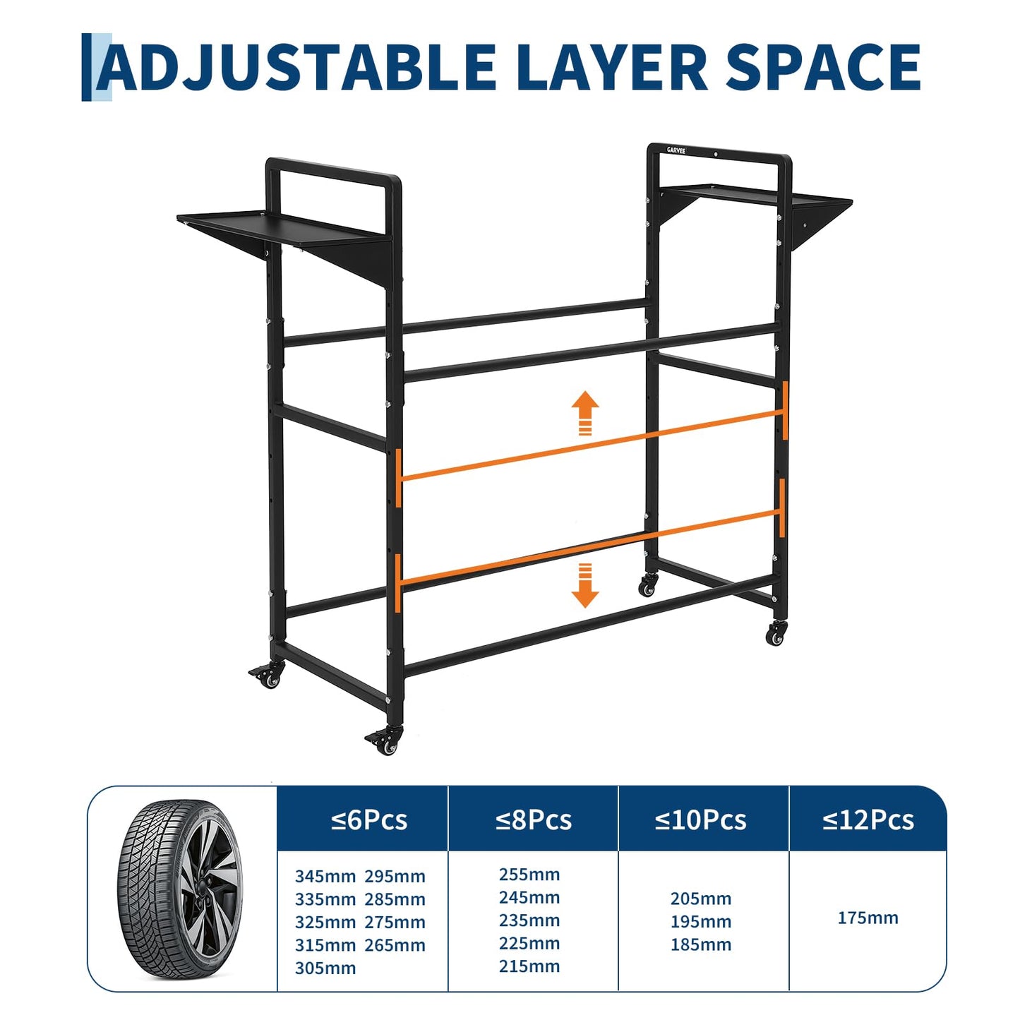 Garvee Tire Storage Rack Adjustable Rolling with Anti-Dust Cover for Garage Organization, 44" x 16" x 44", Black, 4 Swivel Casters & 2 Shelves