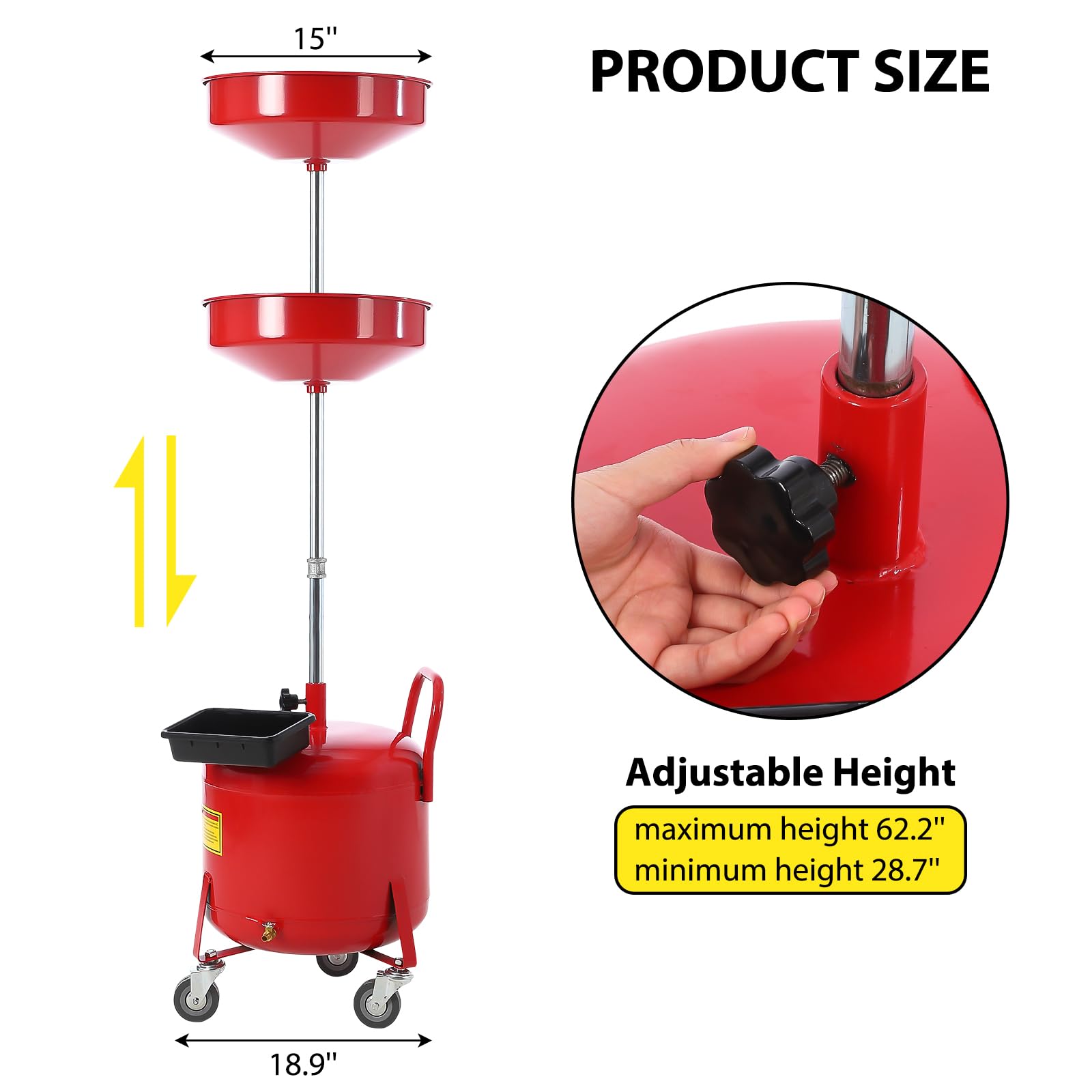 Garvee 8 Gallon Waste Oil Drain Tank, Portable Oil Drain Container, Air Operated Drainer, Fluid Fuel Transfer Drainage, Adjustable Funnel Height with Wheel &15'' Premium Bowl and a Toolbox, Red
