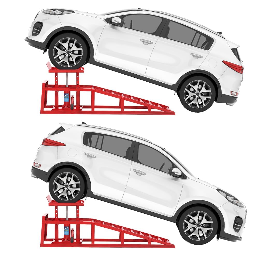 Garvee 2Pcs 5 Ton Hydraulic Car and Truck Service Ramps - 11023 lbs Capacity, Portable Lifts for Oil Changes with Adjustable Height from 9.8" to 15", Ideal for Home Garage and Vehicle Repairs, Red