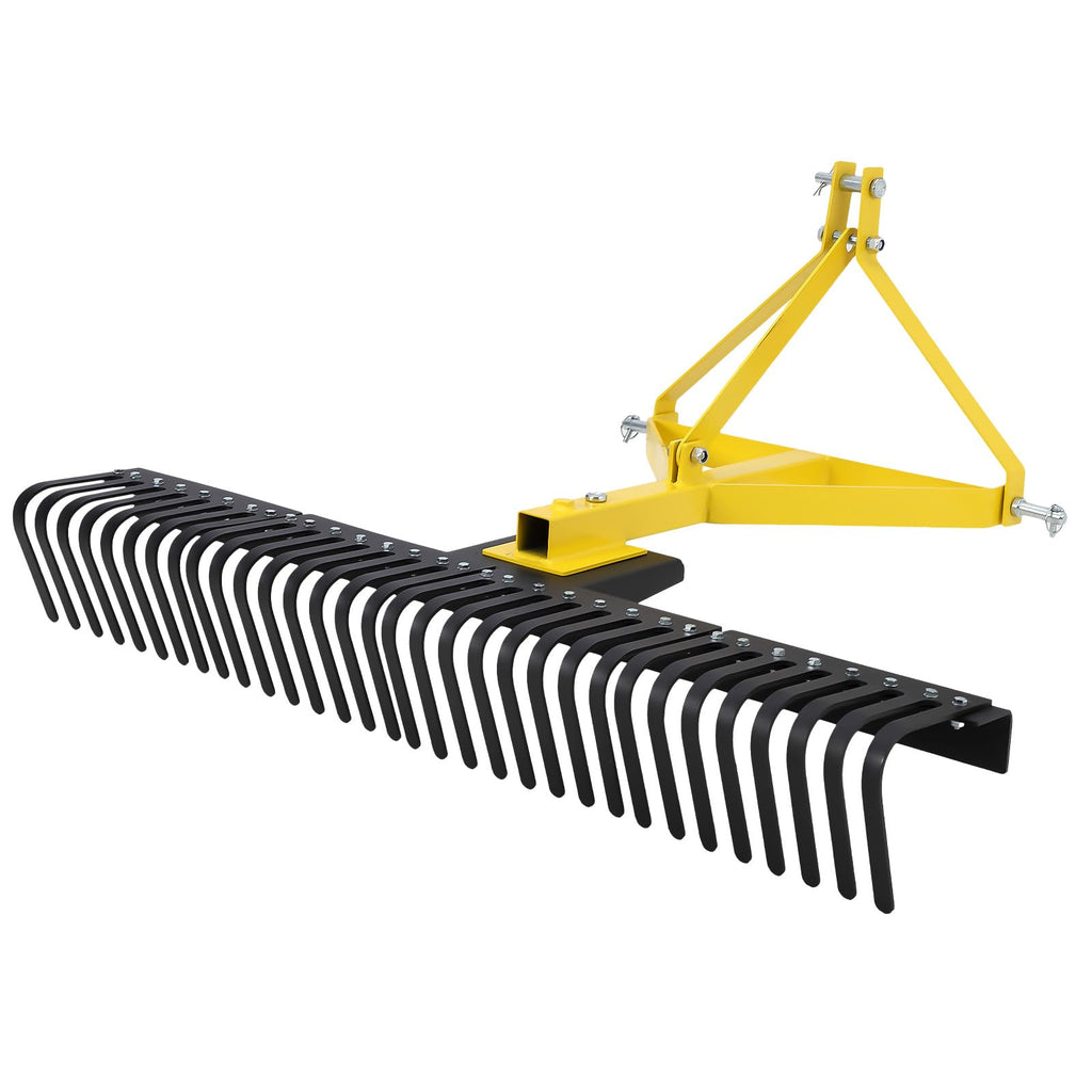 Garvee Heavy Duty 5 FT Landscape Rock Rake Include 3 Point Attach Rake， 360 Degree Rotation Tow-Behind Garden Tool for Compact Tractors, Category 1