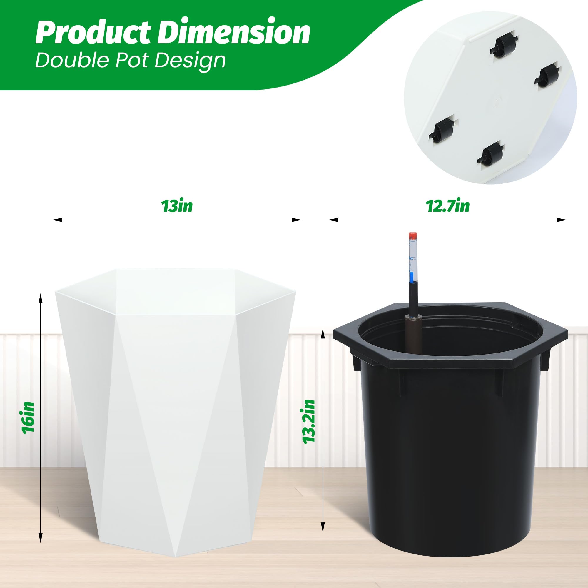 Garvee 16 Inch Tall Diamond Planters Set of 2, Self Watering Planters with Water Level Monitor and Wheels, Flower Pots Outdoor and Indoor for Patio, Porch, Living Room, Home Office, White