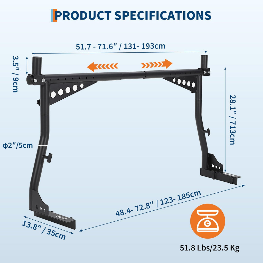Garvee 48-72 Inch Extendable Truck Ladder Rack Adjustable Steel Bed Rack Heavy Duty No-Drill Utility System for Pickup Trucks Black