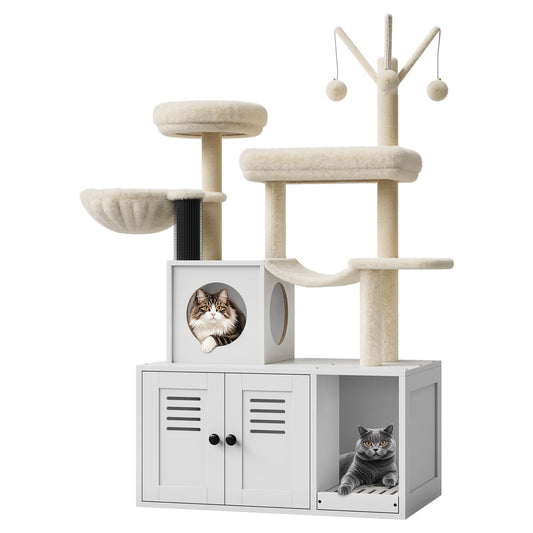 Garvee 55.1-Inch Cat Tree with Litter Box Enclosure 2-in-1 Modern Cat Tower White, Wooden Hidden Litter Box Furniture, Cat Condo, Hammock, Scratching Post