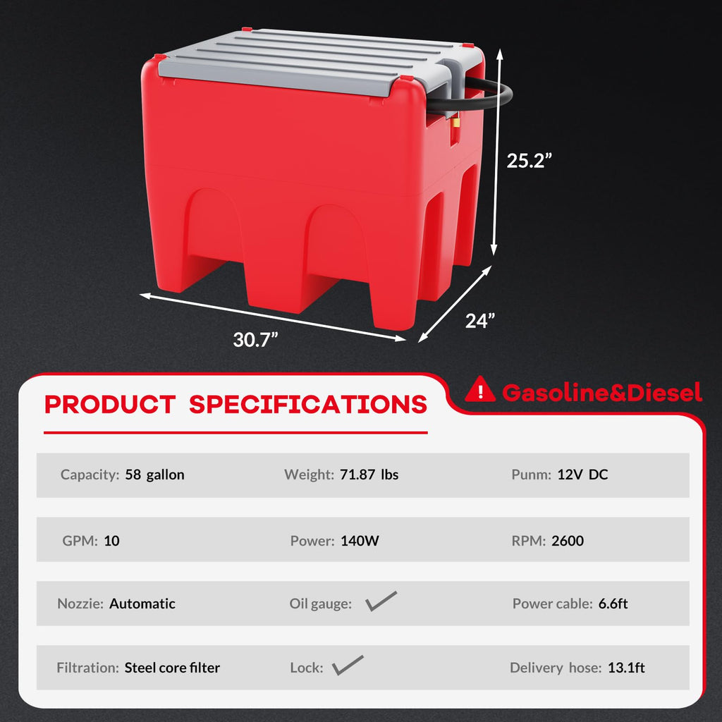 Garvee 58 Gallon Fuel Caddy Portable Gasoline Diesel Tank, 10ft Hose, Manual Siphon Pump 7.5 L/min Nozzle, Fuel Transfer Storage for Garage/Workshop, Red