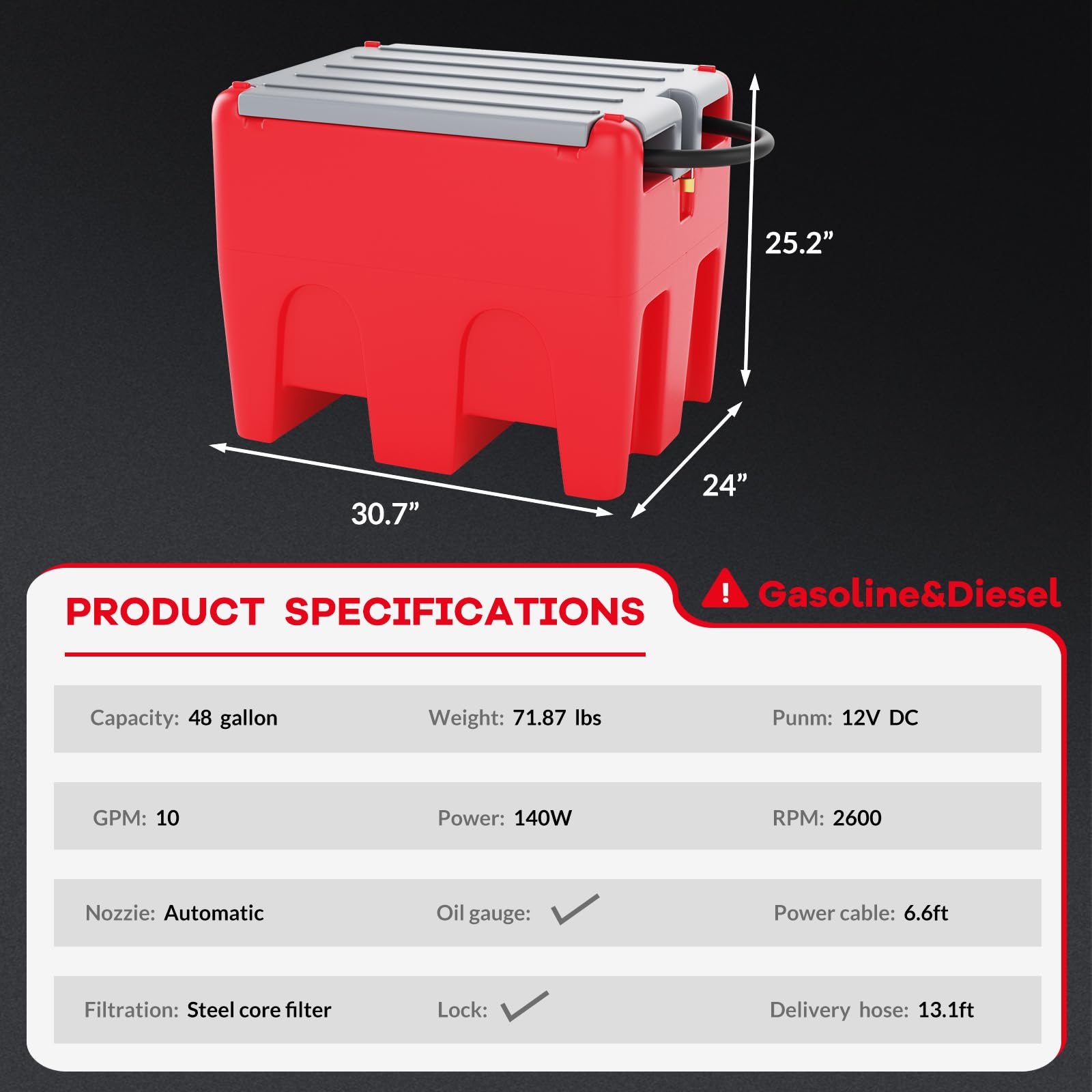 Garvee Portable Fuel Tank 48 Gallon Diesel & Gasoline Transfer Tank With 12V Electric Pump For Tractors Trucks Lawn Mowers Generators Red