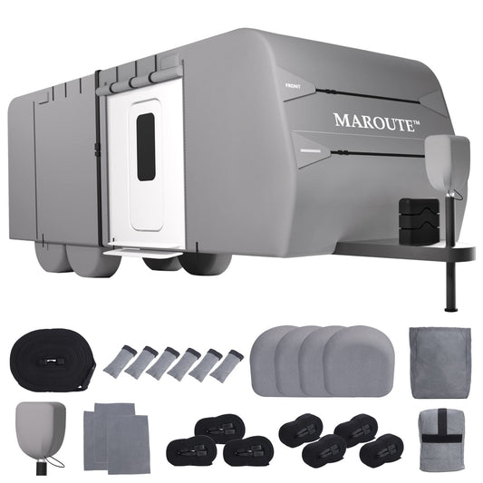 Garvee Travel Trailer Cover 24-27FT, 7-Layer Waterproof, Breathable, Windproof, Tear-Resistant, UV Protection, with Gutter, Tire & Jack Covers, Gray