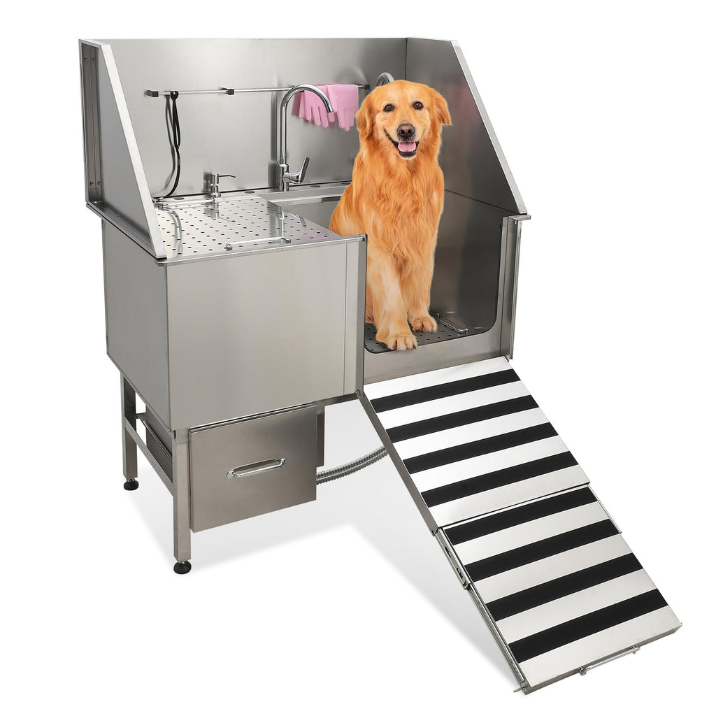 Garvee Professional Dog Grooming Bathing Station, Stainless Steel Dog Bathtub with Foldable Ramp, Storage Drawer, Floor Grate & Faucet/Dog Bathtub for Large, Medium & Small Pets - Right Door (50")