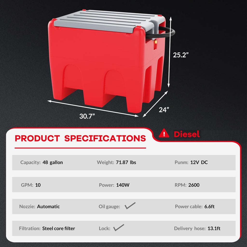 Garvee 48 Gallon Portable Diesel Fuel Tank with 12V Electric Transfer Pump, High Flow Rate 10 GPM, Durable Red Diesel Transfer Tank for Easy Transportation