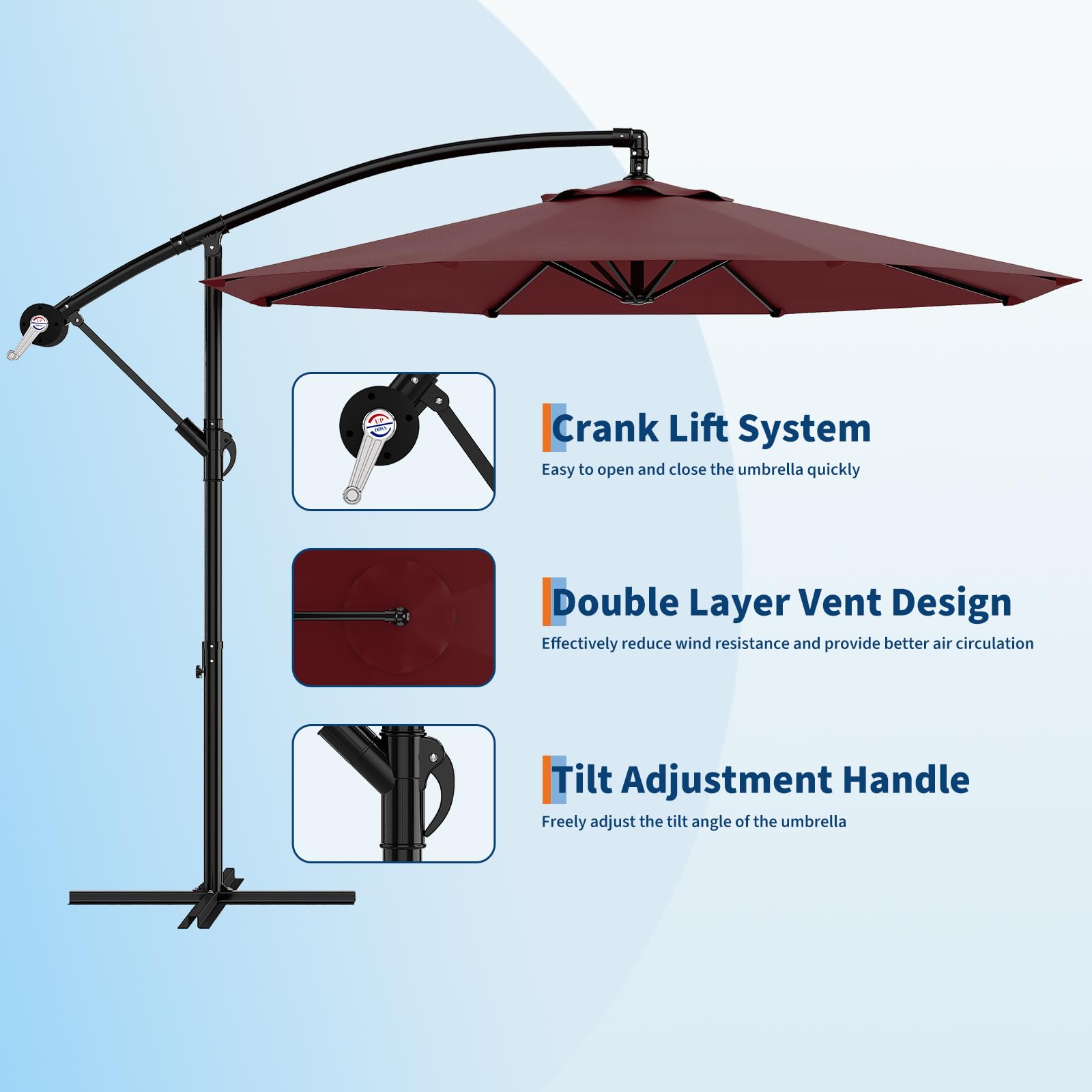 Garvee 10' Offset Patio Umbrella, Cantilever Umbrella with Easy Lift & Tilt Adjustment, 8 Ribs Sun Umbrella UV Protection, Wine Red