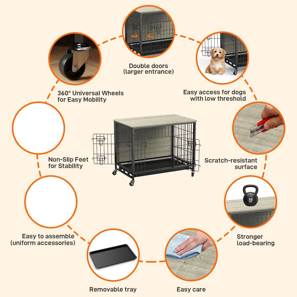 Garvee Dog Crate Furniture, Furniture Style Dog Crate with Removable Tray and Wheels, Heavy-Duty Double-Doors Dog Cage End Table, 27.2" Wooden Dog Kennel, Indoor Dog House, Grey