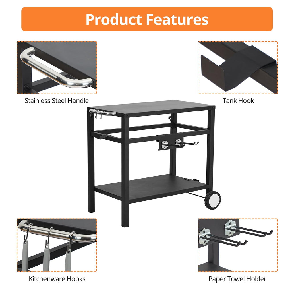 Garvee Outdoor Grill Cart with Wheels & Hooks – Portable Utility Table for Pizza Oven, BBQ, and Outdoor Cooking