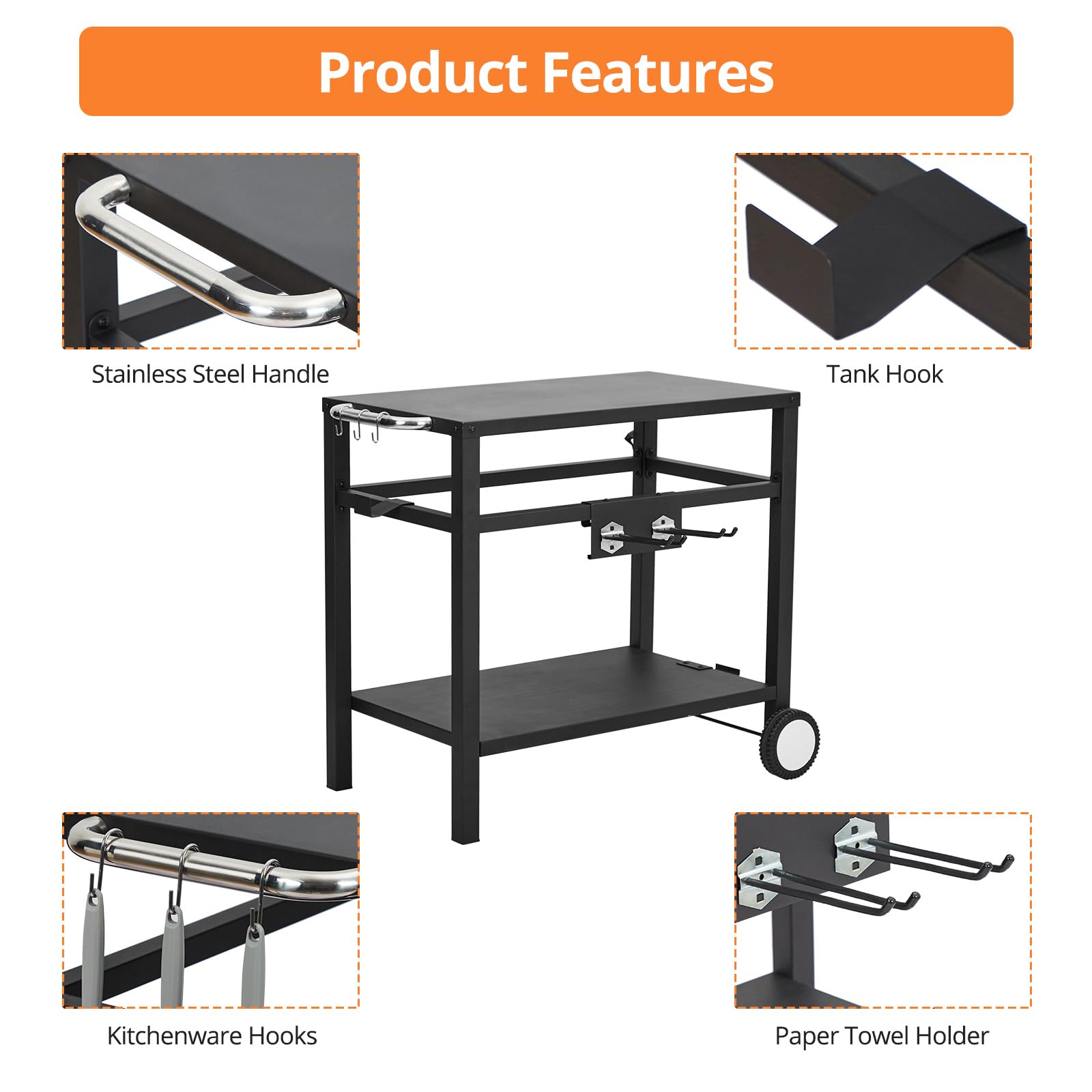 Garvee Outdoor Grill Cart with Wheels & Hooks – Portable Utility Table for Pizza Oven, BBQ, and Outdoor Cooking