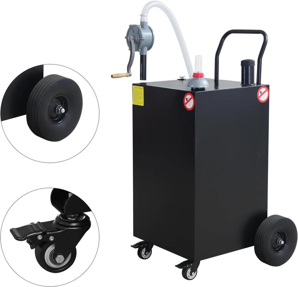 Garvee 45 Gallon Portable Gas Caddy Gasoline Diesel Can Hand Siphon Pump With Rolling Flat-Free Solid Rubber Wheels for Boat, Atv, Car, Motorcycle - Black