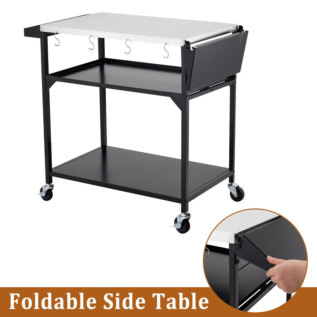 Garvee Outdoor Grill Table Cart with 4 Wheels + Stainless Steel + Movable Prep Table + Multifunctional + Metal Work Table + Side Table + Storage Rack + BBQ, Pizza Oven, Kitchen