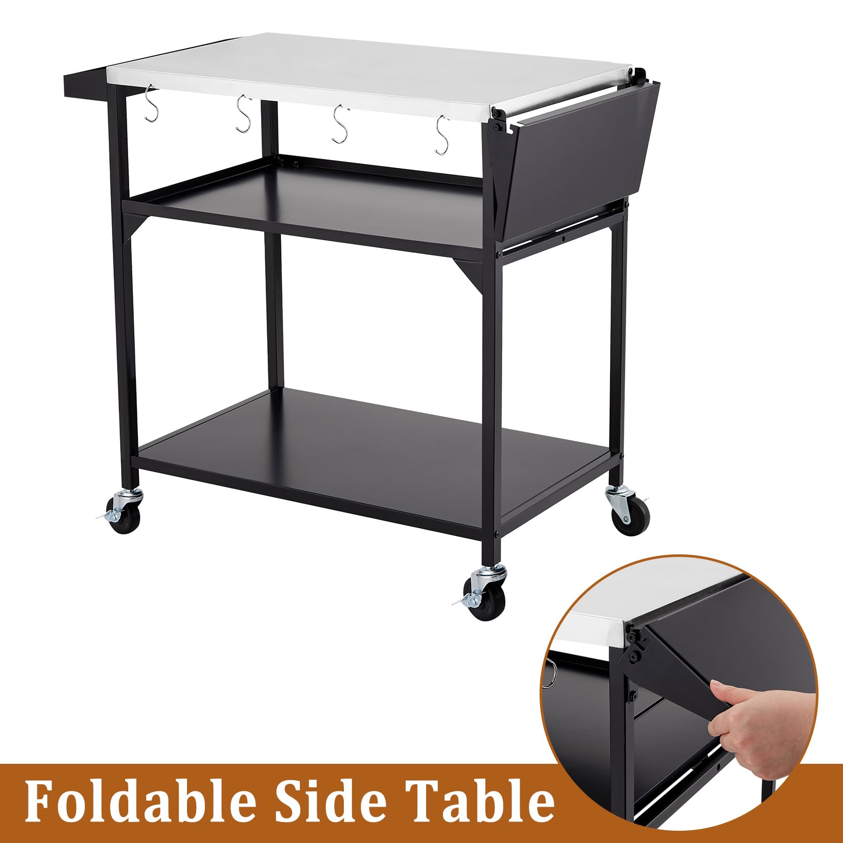 Garvee Outdoor Grill Table Cart with 4 Wheels + Stainless Steel + Movable Prep Table + Multifunctional + Metal Work Table + Side Table + Storage Rack + BBQ, Pizza Oven, Kitchen