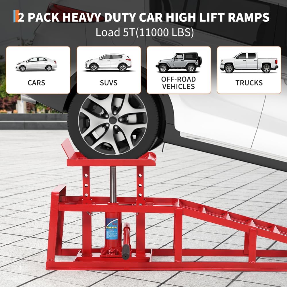 Garvee 2Pcs 5 Ton Hydraulic Car and Truck Service Ramps - 11023 lbs Capacity, Portable Lifts for Oil Changes with Adjustable Height from 9.8" to 15", Ideal for Home Garage and Vehicle Repairs, Red