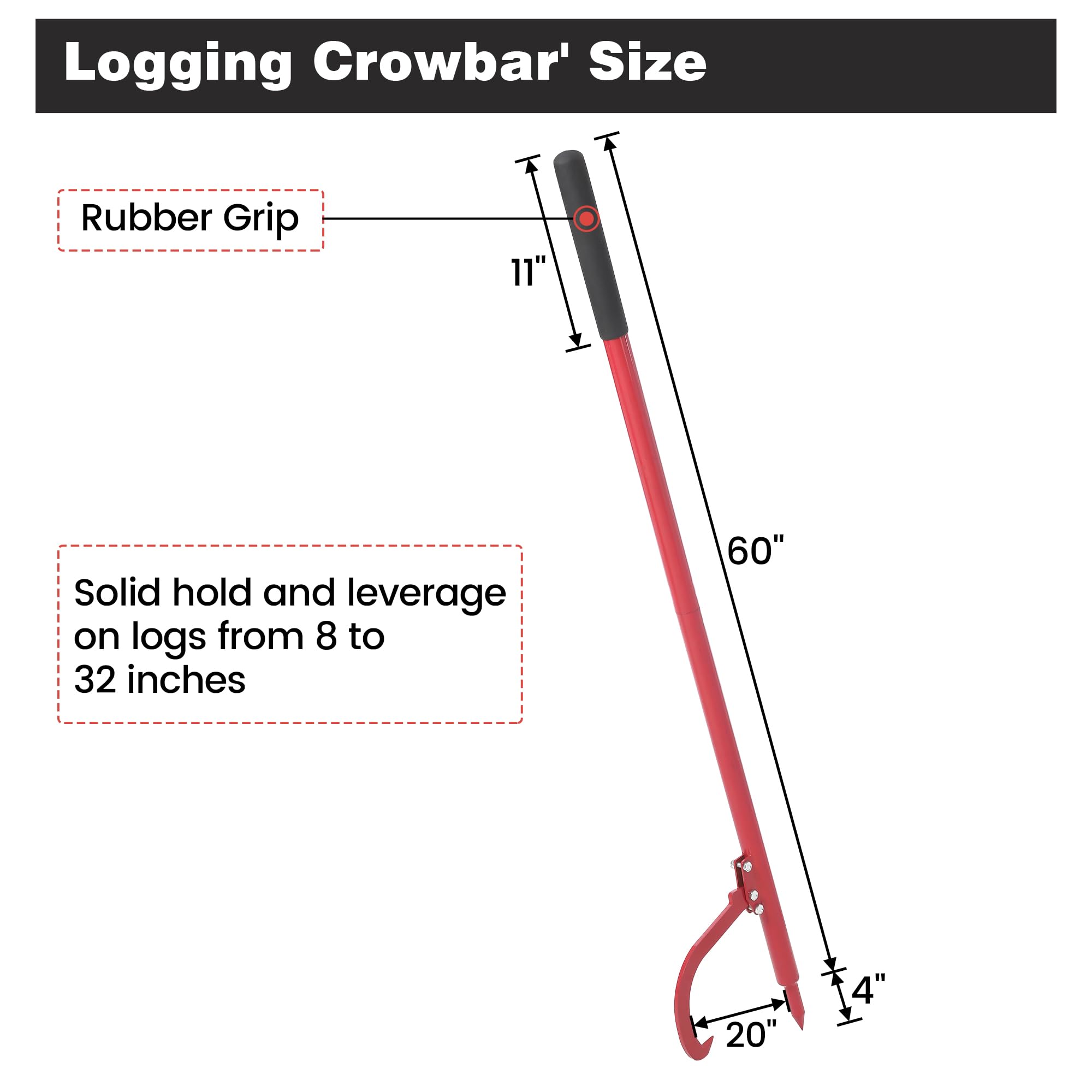 Garvee 60in Steel Cant Hook for Logs, Rubber Grip, Adjustable Hook, Log Roller Tool for Sawyers, Loggers, Wood Workers, Firewood Enthusiasts, Red