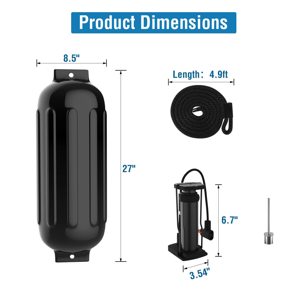 Garvee Boat Fenders 8.5 x 27 inches Pack of 4, Boat Bumpers for Docking with 4 Ropes, Inflatable Ribbed Marine Pontoon Boat Fender Bumper for Docks with 1 Storage Bag, 1 Air Pump and 4 Needles, Black