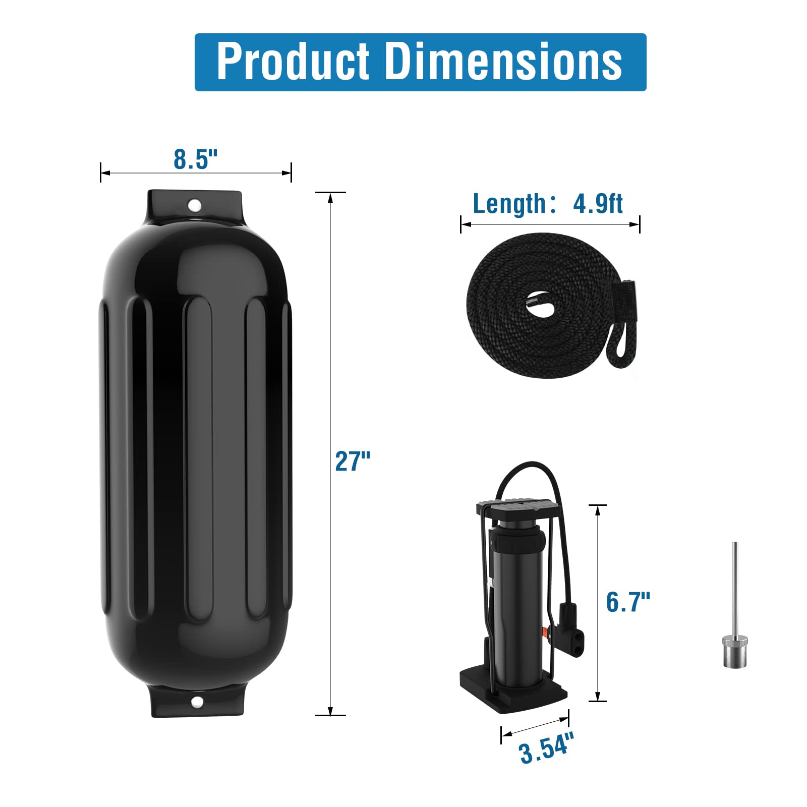 Garvee Boat Fenders 8.5 x 27 inches Pack of 4, Boat Bumpers for Docking with 4 Ropes, Inflatable Ribbed Marine Pontoon Boat Fender Bumper for Docks with 1 Storage Bag, 1 Air Pump and 4 Needles, Black
