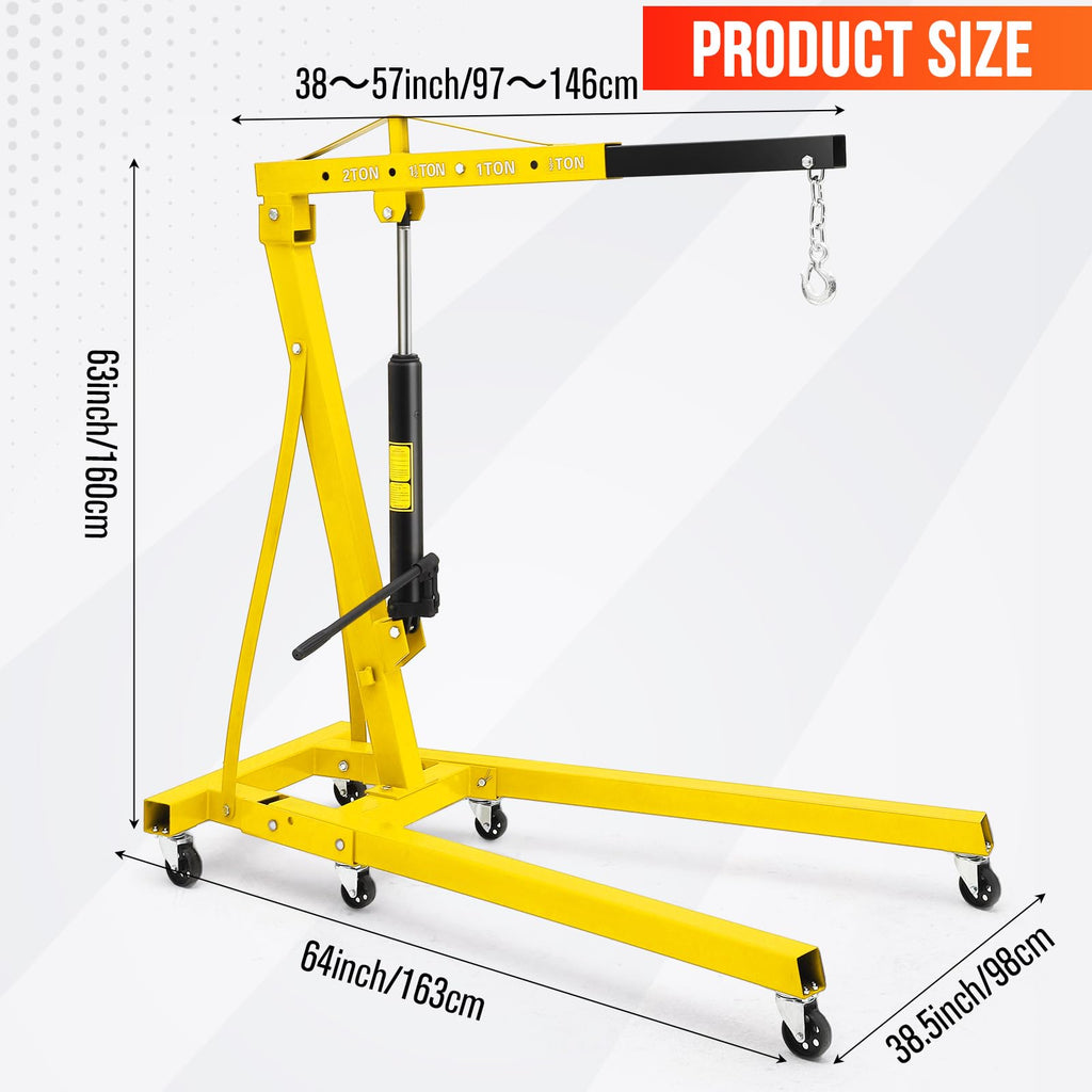 Garvee Engine Hoist, 2 Ton Hydraulic Crane, 4400LB Capacity, Collapsible Frame, 360° Swivel Casters, Adjustable Boom, for Garage Repair, Yellow