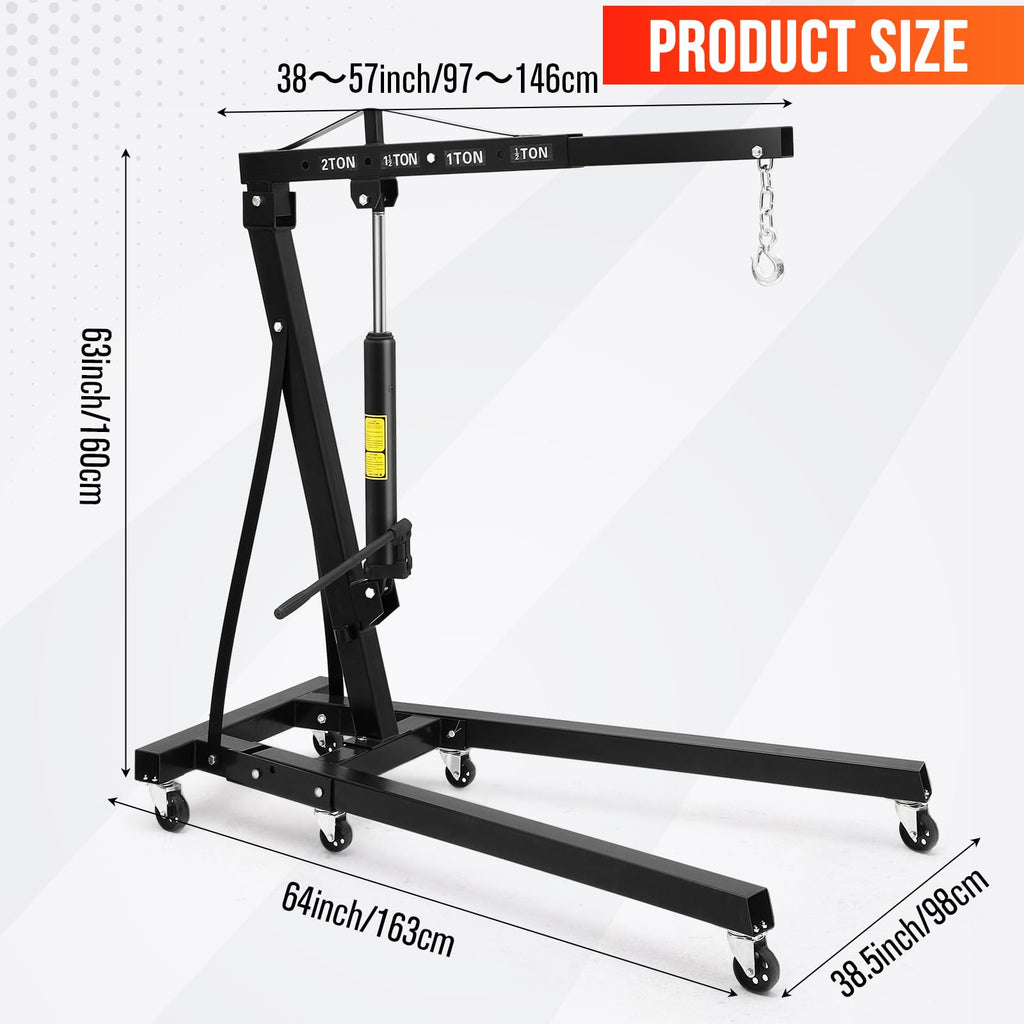 Garvee Engine Hoist, 2 Ton Hydraulic Crane, 4400LB Capacity, Collapsible Frame, 360° Swivel Casters, Adjustable Boom, for Garage Repair, Black