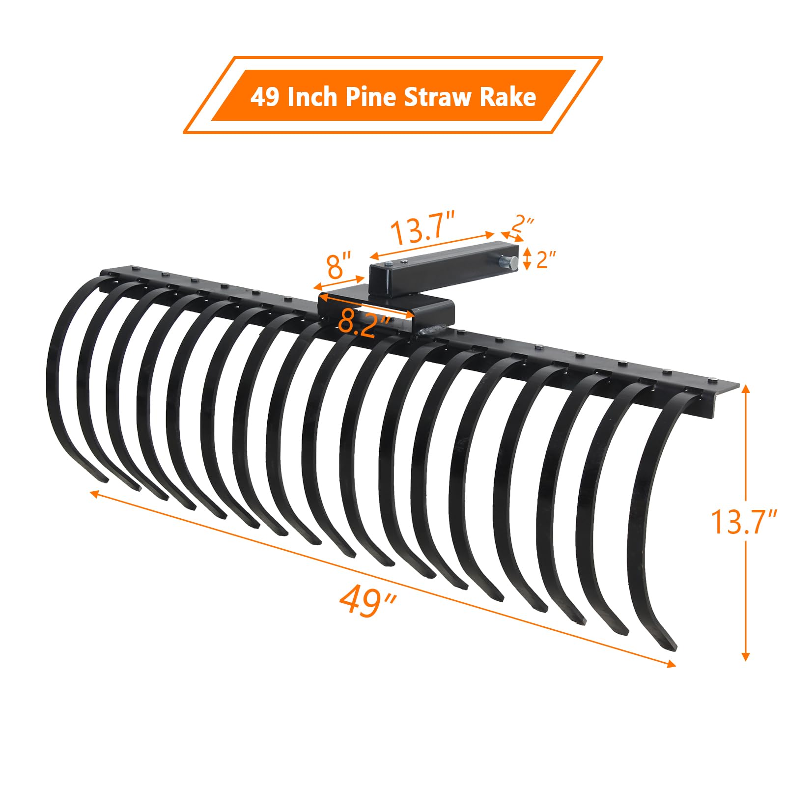 Garvee 49 Inch Landscape Rake for ATV, UTV & Lawn Tractor, 17-Tine Pine Straw Rake with 2-Inch Receiver, Tow-Behind Rock Rake for Leaves, Sticks & Debris