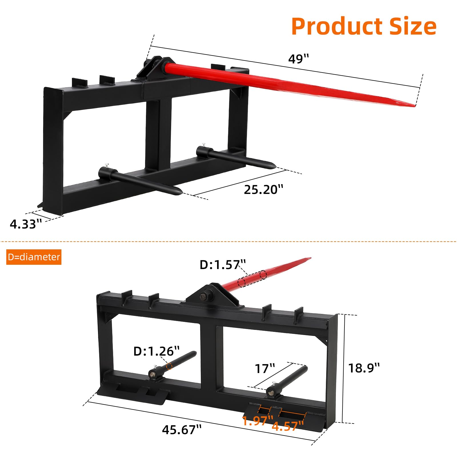 Garvee Attachments Skid Steer Hay Frame Attachment, 49 Inch Hay Spear and Stabilizers, Rate 3000 LB, Quick Tach Tractor, Receiver Hitch