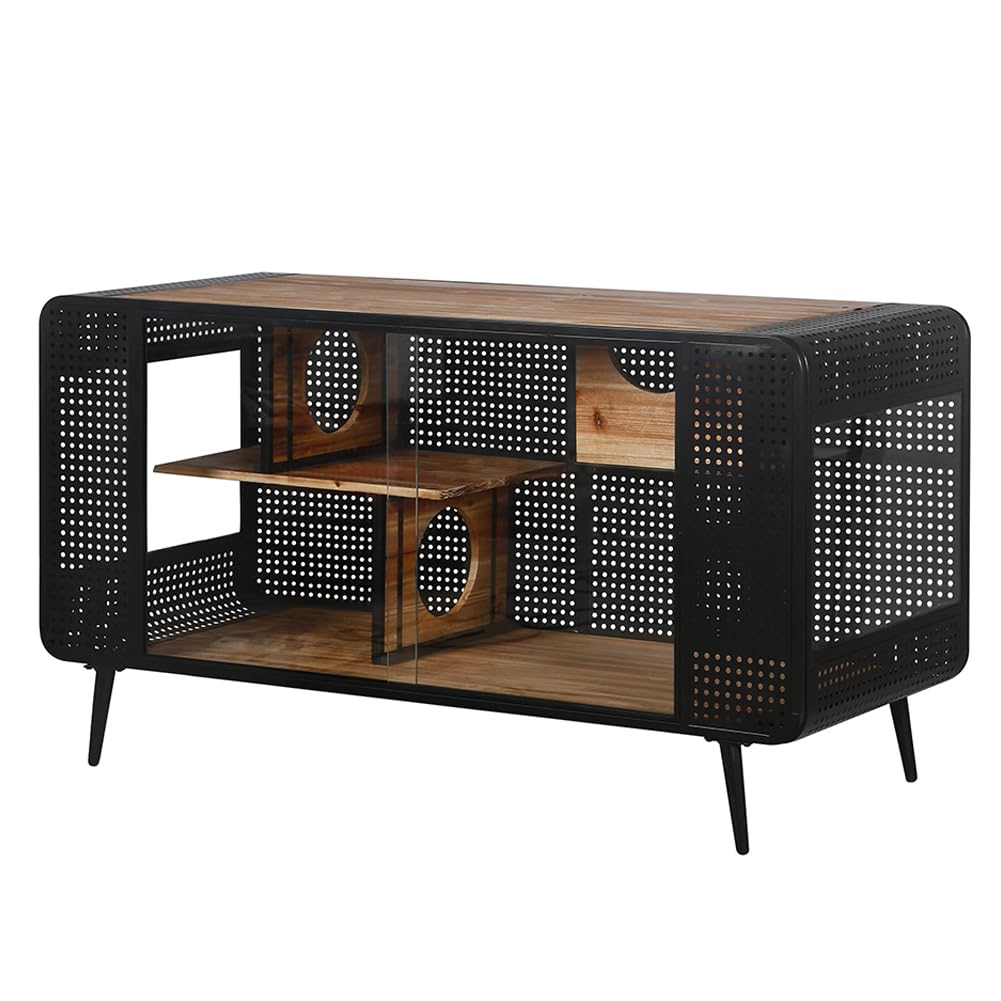 Garvee 55.12" Cat House with 2 Sliding Tempered Glass Doors, Metal Spacious Pet Kennel for Living Room, Black, One Size