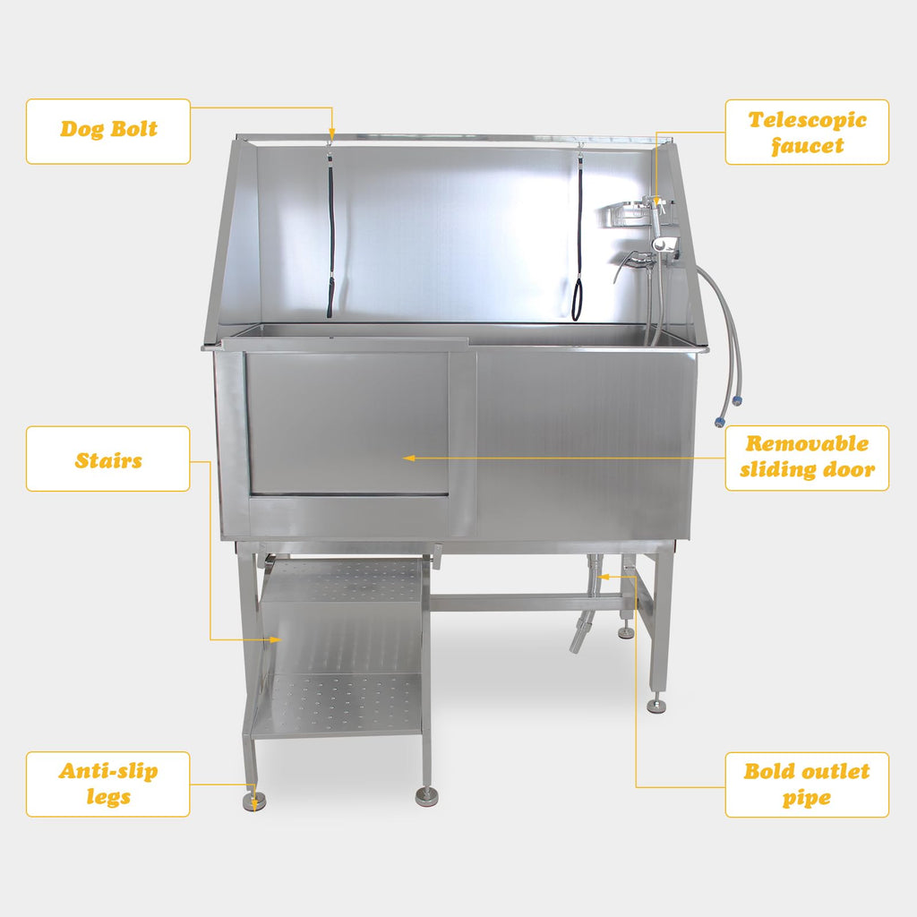 Garvee 62" Dog Grooming Tub, Pet Wash Station, Professional Stainless Steel Pet Grooming Tub with Ramp, Faucet, Sprayer, and Drain Kit
