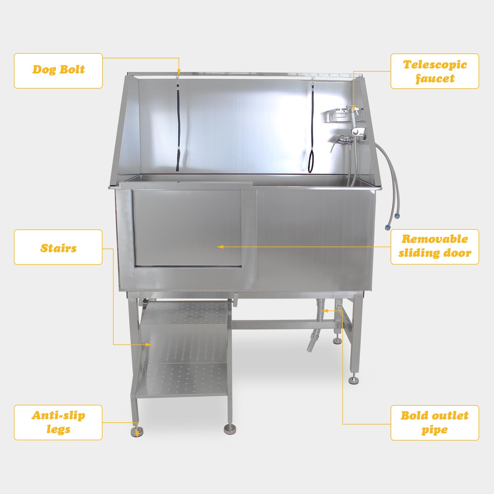 Garvee 62" Dog Grooming Tub, Pet Wash Station, Professional Stainless Steel Pet Grooming Tub with Ramp, Faucet, Sprayer, and Drain Kit