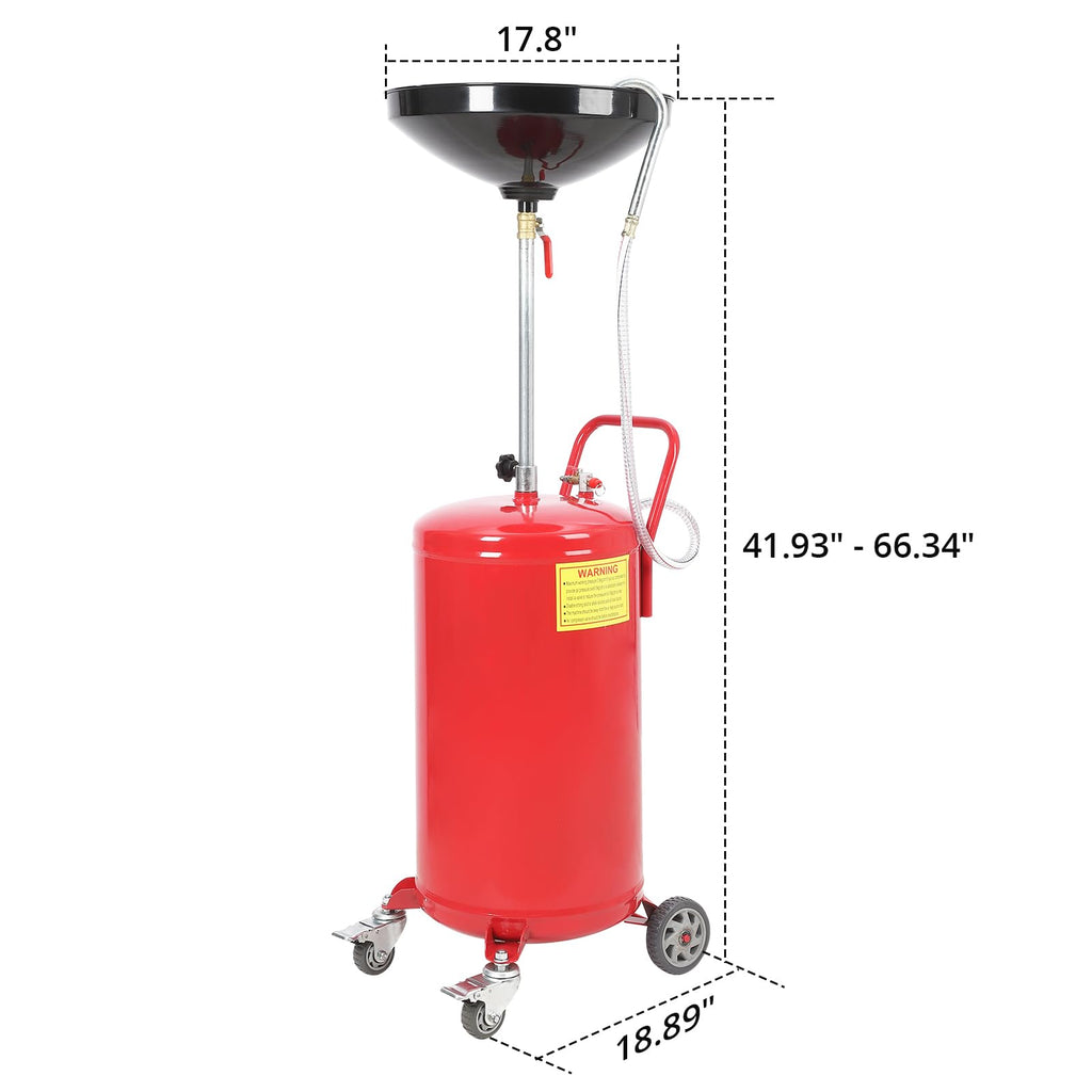 Garvee 20 Gallon Adjustable Oil Drain Tank, Pneumatic Waste Oil Drainer with 17.8" Funnel, 41.93-66.34" Height Range, Level Display & Brake Wheels for Auto Shops & Home Use