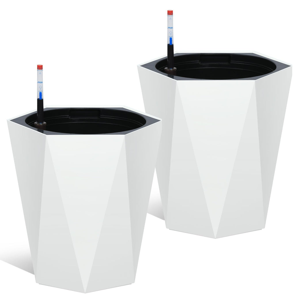 Garvee 16 Inch Tall Diamond Planters Set of 2, Self Watering Planters with Water Level Monitor and Wheels, Flower Pots Outdoor and Indoor for Patio, Porch, Living Room, Home Office, White