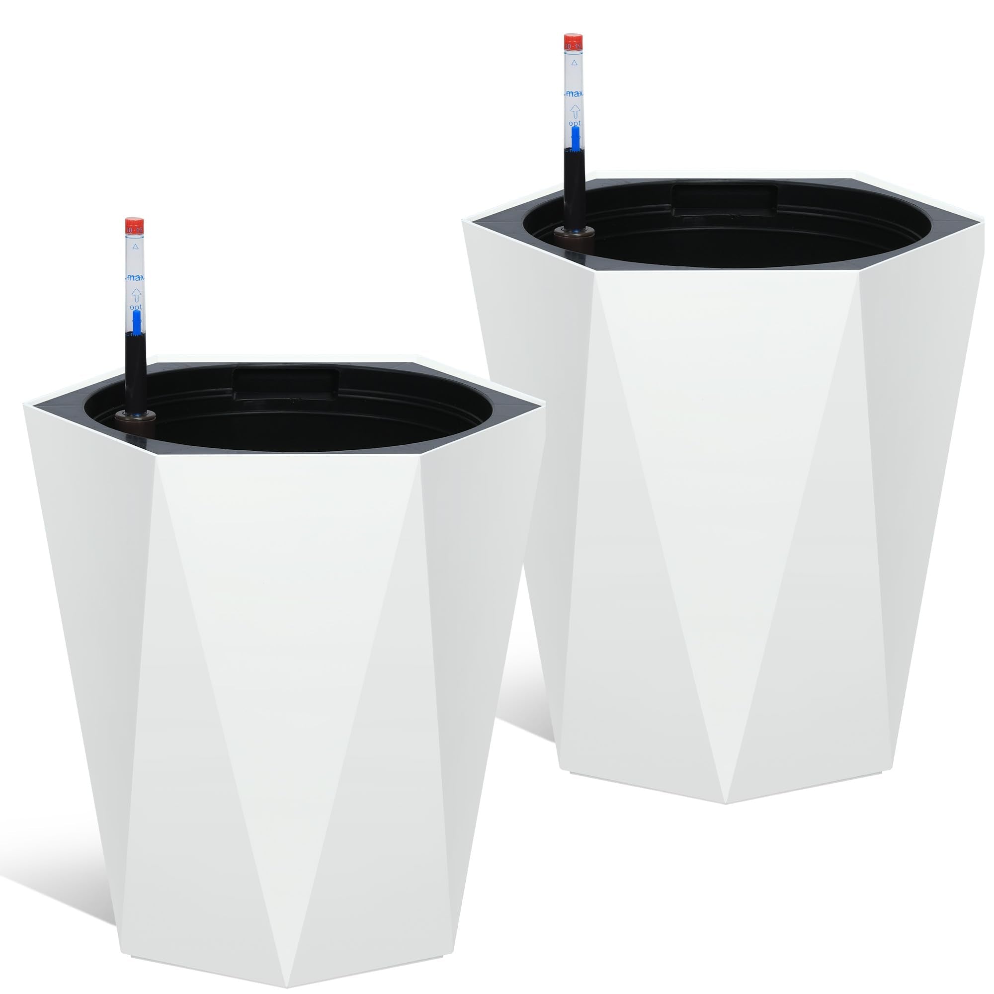 Garvee 16 Inch Tall Diamond Planters Set of 2, Self Watering Planters with Water Level Monitor and Wheels, Flower Pots Outdoor and Indoor for Patio, Porch, Living Room, Home Office, White