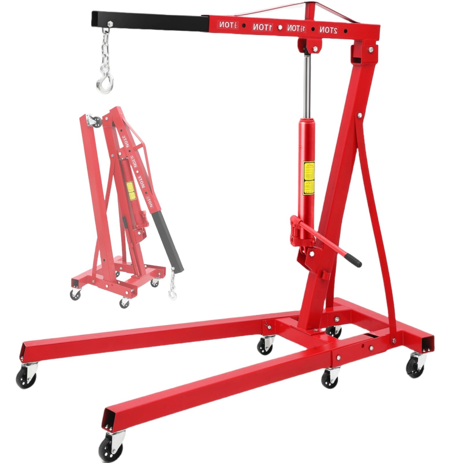 Garvee 2 Ton Folding Hydraulic Engine Hoist, 4400 lbs Shop Crane with Telescopic Boom, 6 Casters, Heavy-Duty for Garage and Workshop, Includes Gloves, Red