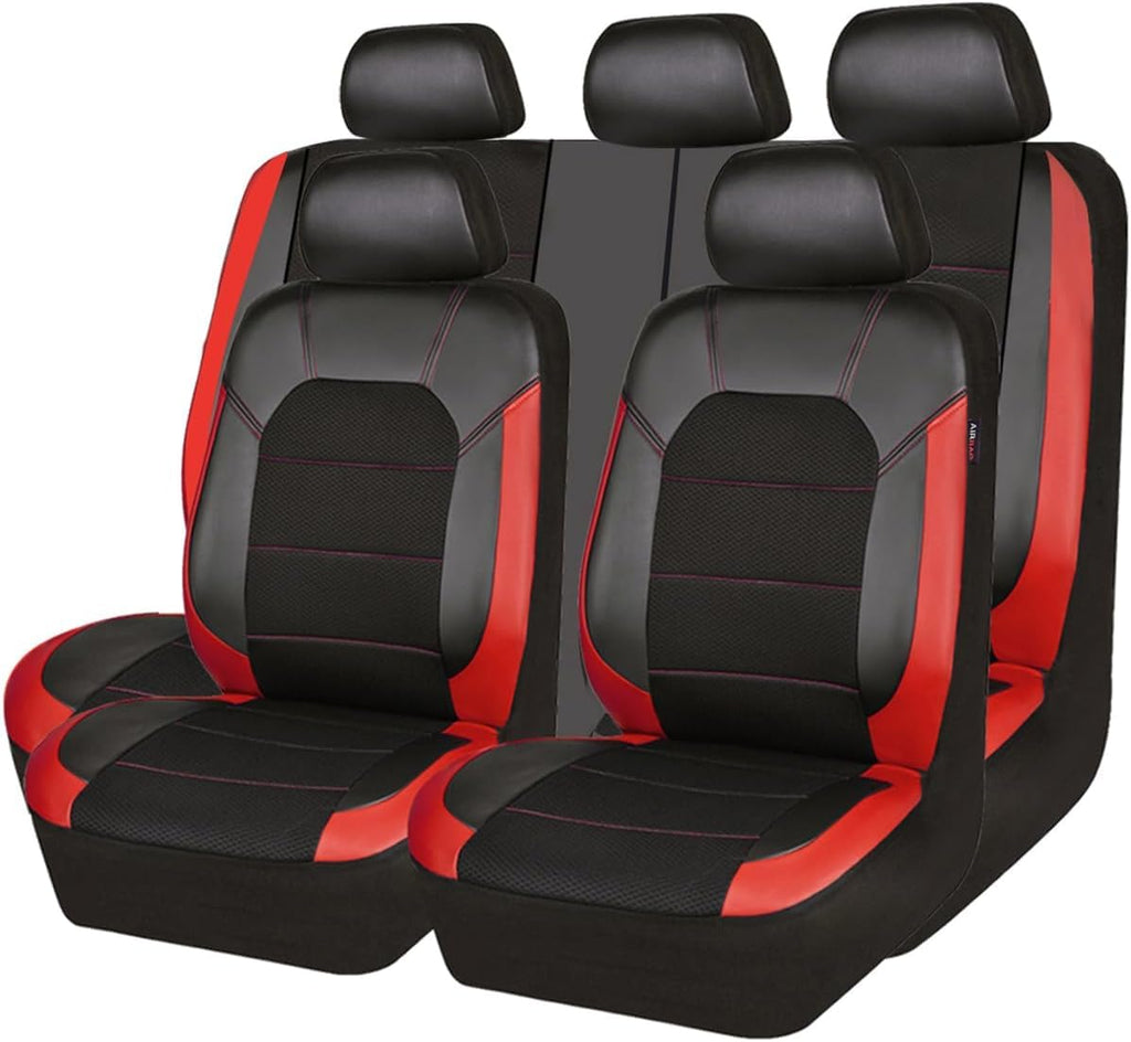 Garvee Universal 9 Pcs Car Seat Covers Full Set, Leather Protectors for 5-Seat Cars, SUVs, Vans, Waterproof Red
