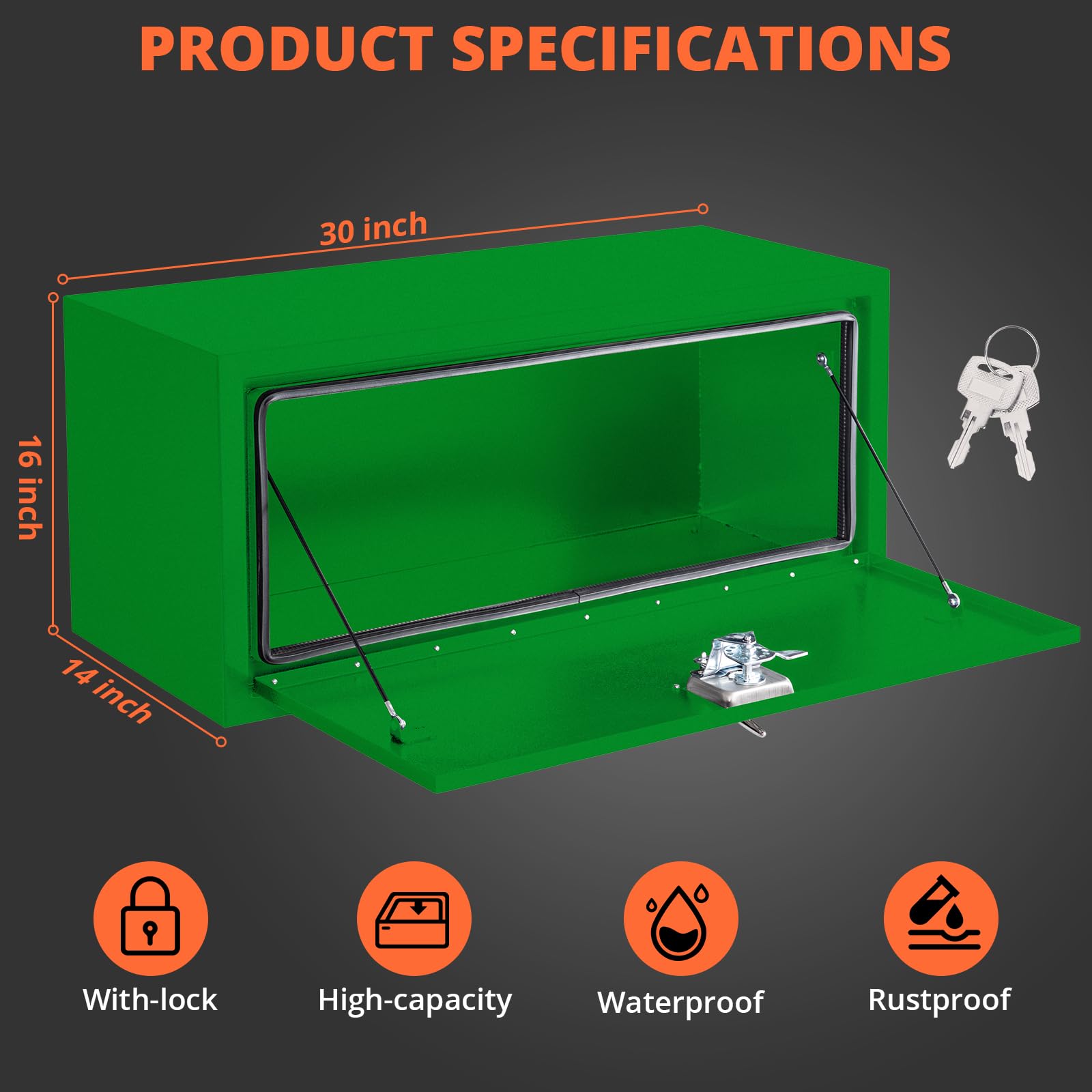Garvee 30x14x16 Inch Underbody Truck Box Black Steel Lockable Waterproof Toolbox for Heavy-Duty Tool Storage Under Truck Bed, Green