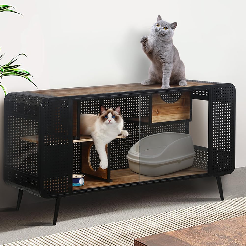 Garvee 55.12" Cat House with 2 Sliding Tempered Glass Doors, Metal Spacious Pet Kennel for Living Room, Black, One Size