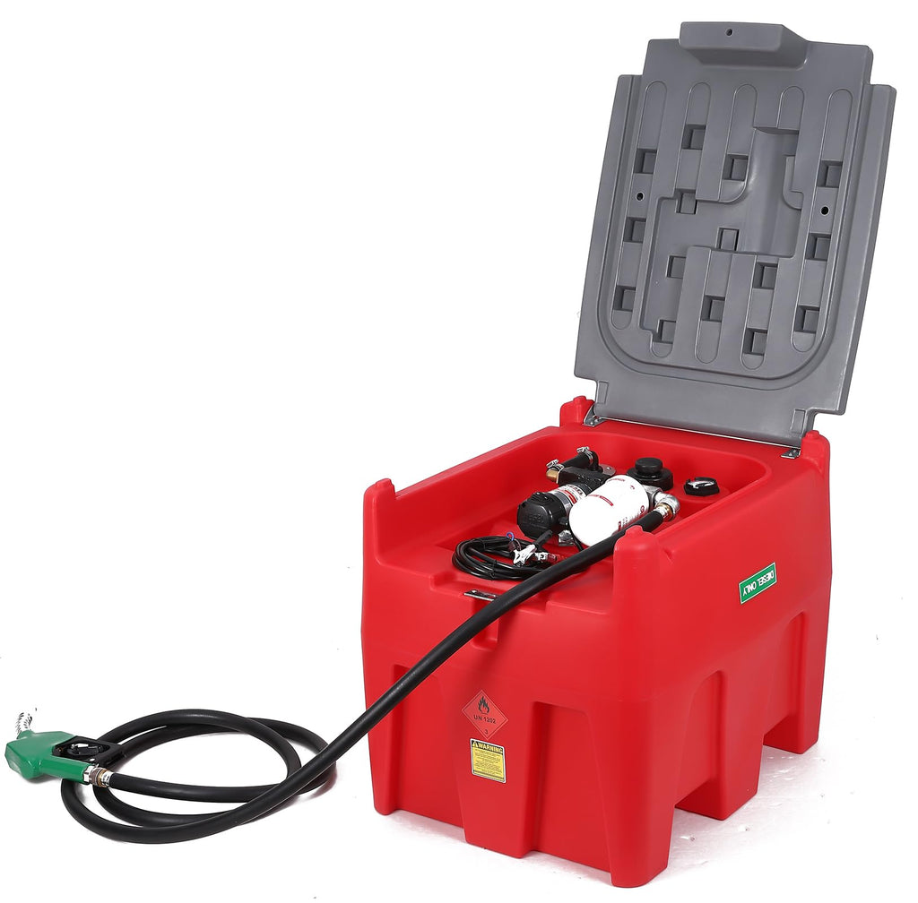 Garvee Portable Diesel Tank, 53 Gallon Fuel Tank with 12V Electric Fuel Transfer Pump, 10 GPM Diesel Transfer Tank with Auto Fueling Nozzle & 360° Swivel Connector with 13.1ft Hose (Red, 53 Gal)